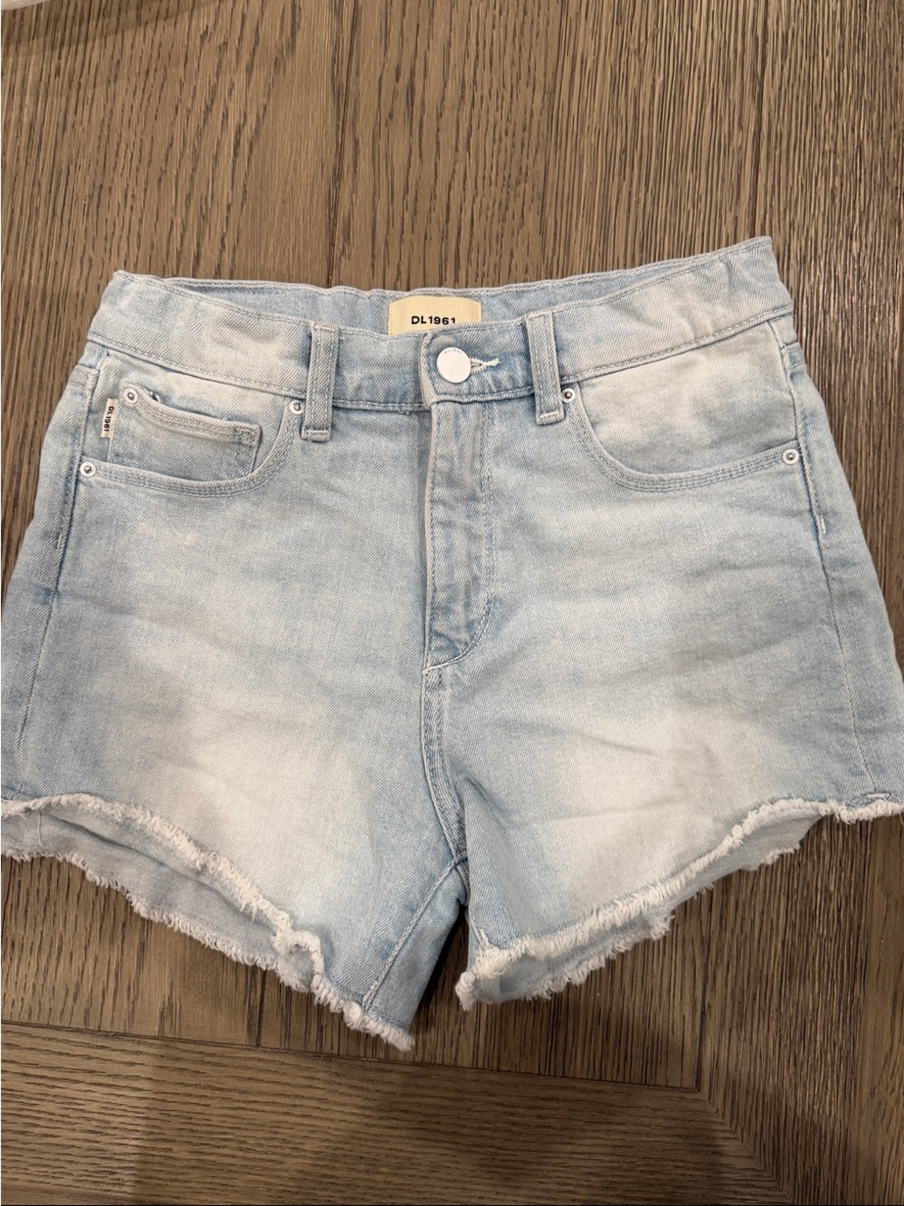 DL1961 Light Wash Frayed Hem Denim Shorts